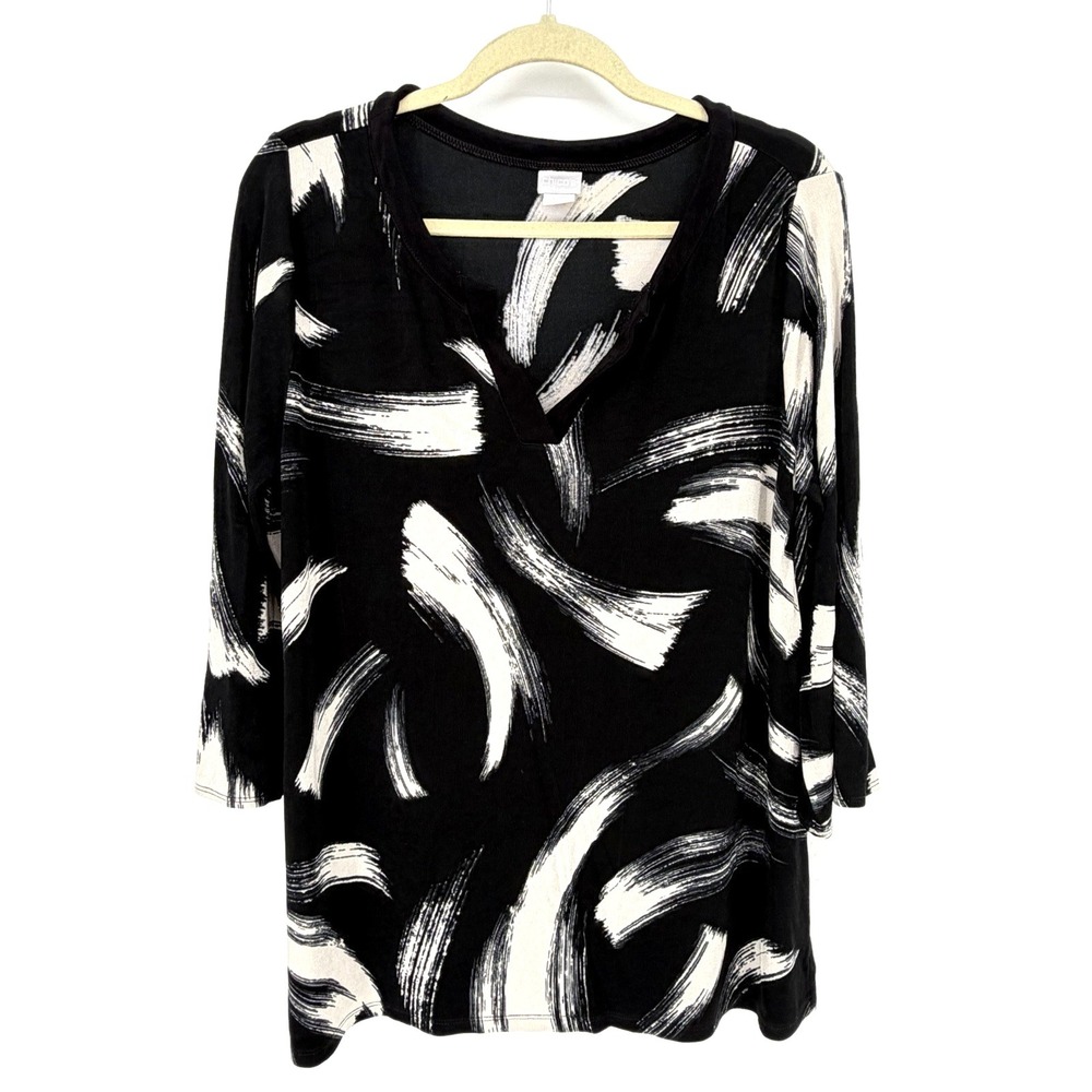 CHICO'S TRAVELERS Women's Size 2 12/14 Large Black & Ecru Brushstrokes Tunic Top